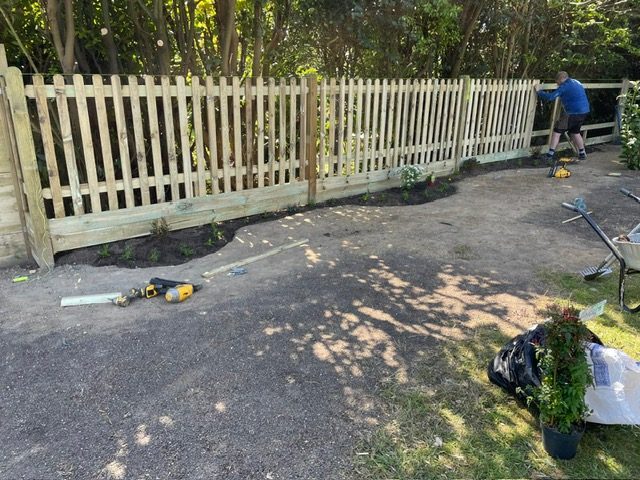 Freshly dug border edge along a garden fence