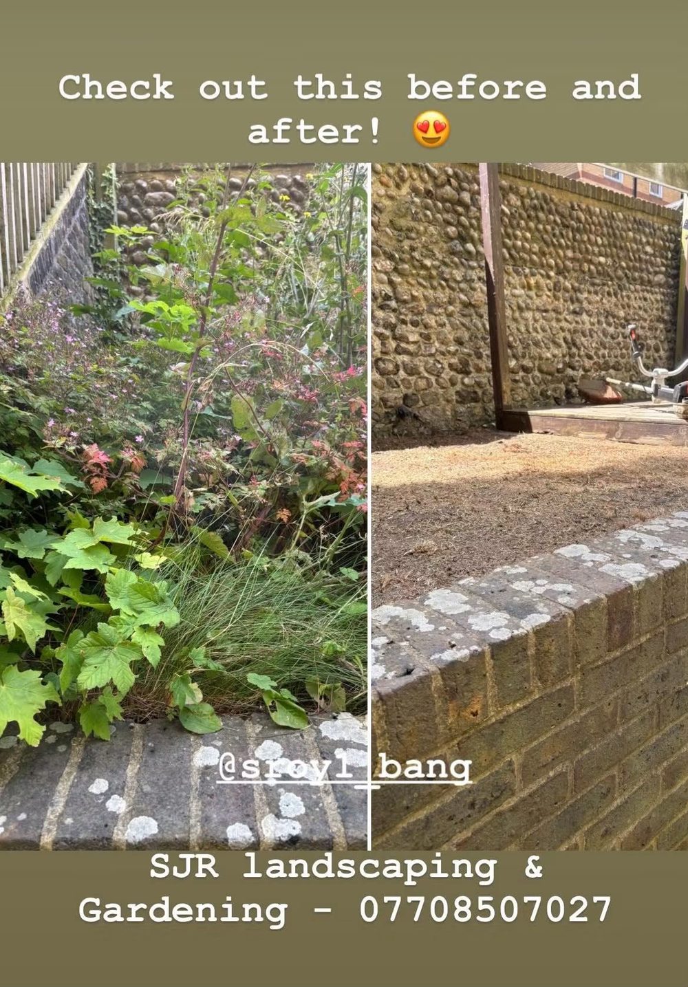 Before and after clearing an overgrown bed by a patio wall